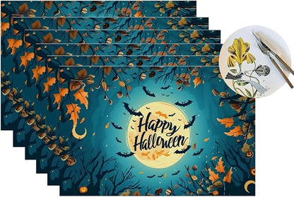 PVC Placemats Set of 6 Wipeable Table Mats Washable Heat Resistant Non Slip Vinyl Dining Table Mat for Kitchen Indoor Outdoor Patio Farmhouse Place Mats Halloween Bat Maple Decorative