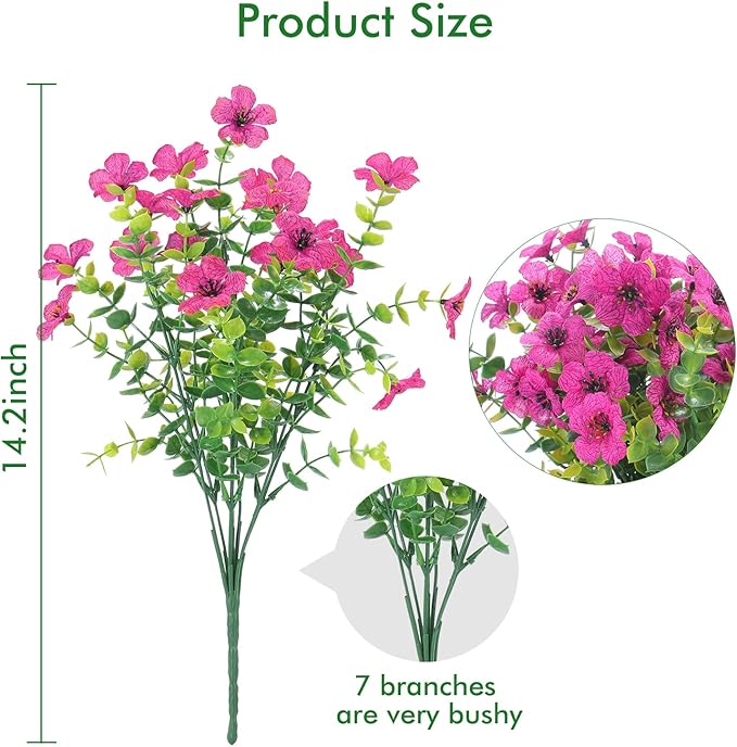 12 Bundles Artificial Flowers Outdoor UV Resistant Fake Plastic Plants Indoor Outside Hanging Plants Garden Porch Window Box Home Wedding Farmhouse Festive Shrub Decor (Rose Red)