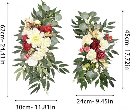 Artificial Wedding Arch Flowers (Pack of 2) White Wedding Flowers for Wedding Welcome Ceremony Sign Faux Floral Swags, Banquet and Reception Backdrop Floral Decoration (White & Red)