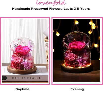 Flowers for Delivery Prime Preserved Flowers with LED Light in a Glass Dome,Long Lasting Real Roses Birthday Gifts for Women Daughter Mom Wife Friend（Reddish Rose）