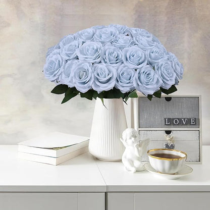 30 pcs Artificial Rose Flower Ice Blue Rose Flower with Long Stem Silk Roses Bouquet for Wedding Bridal Shower Party Home Decoration