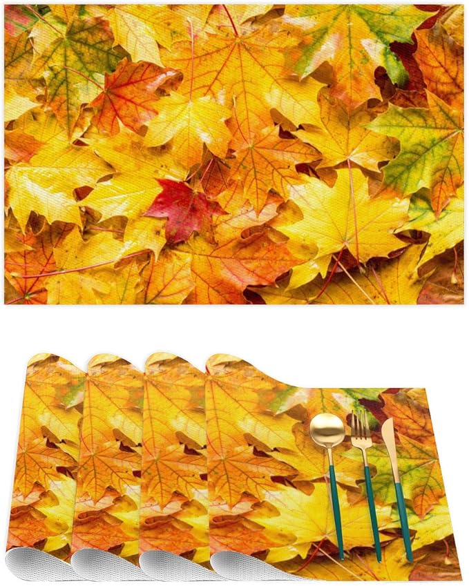 Autumn Maple Leaf Fall Placemats Set of 1 PVC Vinyl Non Slip Table Mats Heat Resistant Place Mats Washable Wipeable Dining Table Mat for Kitchen Decor Party Indoor Outdoor Decorative Gift