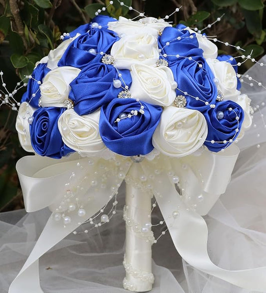 Bridal Wedding Bouquet Round Bling Brooch Bouquet Throw Toss Artificial Rose Flower Bunch for Bride Bridesmaid Wedding Quinceanera(Royal Blue & Ivory, 6.3")