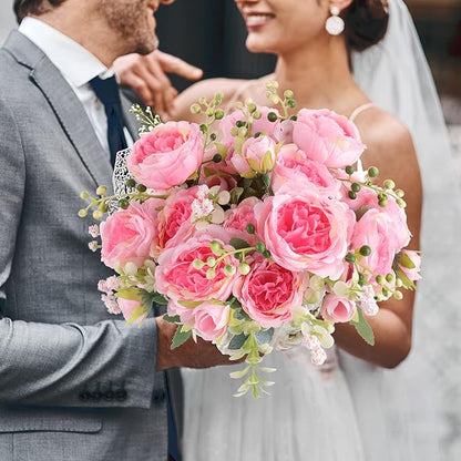 Artificial Peonies Silk Flowers, Pink Faux Peony Bouquet 4 Bundles Florals Arrangements Decor for Farmhouse Home Boho Wedding Table Centerpiece, Fake Plastic Flowers Bulk for Vase Decoration (Pink)