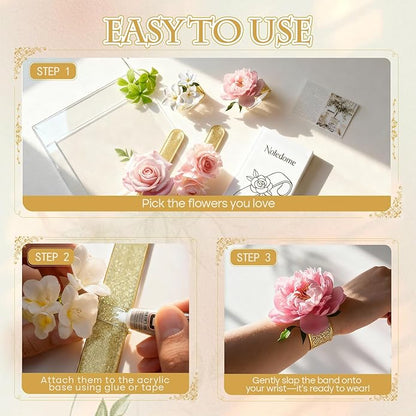 Corsage Wristlet Set of 6 - Gold Slap Bracelet Bands with Acrylic Base - Comfortable Corsage Wristlet Bracelets for DIY Crafting - Elegant Wrist Bands for Wedding - Prom - Party - Photoshoot (No Flowers Included)