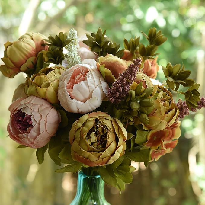 FiveSeasonStuff Vintage Artificial Peonies Silk Peony Flowers and Hydrangeas for Wedding Bridal Home Décor – Beautiful Floral Centerpiece Arrangement with 2 Bouquets (Mixed Pale Pink and Tawny Brown)