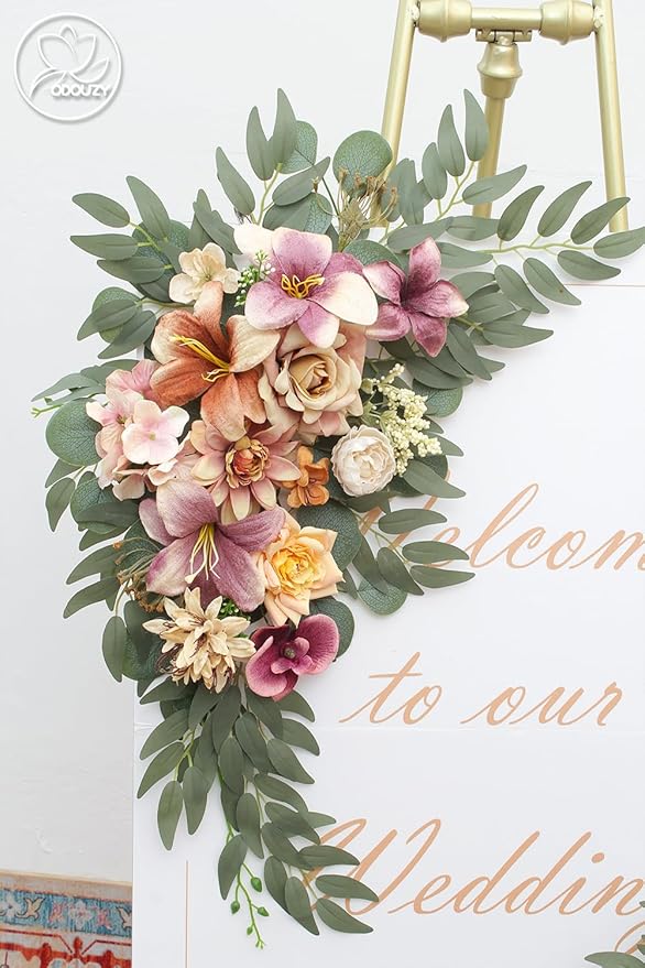 Pack of 2 Wedding Arch Decorations Artificial Hanging Flowers Floral Swag for Wedding Welcome Sign Backdrop Balloon Arch Home Party Bridal Ceremony Reusable(Champagne Coffee)