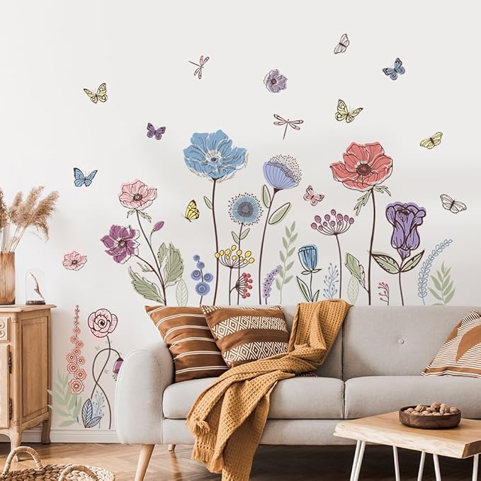 Flower Wall Decals Wildflower Grass Wall Stickers Vintage Floral Butterflies Dragonfly Wall Art Sticker Peel and Stick Bedroom Nursery Wall Decor