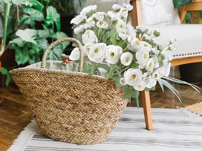 Ranunculus Artificial Flowers 5PCS Faux Peonies White Silk Ranunculus Flowers with Stems 21.65" Real Look Fake Flowers Bulk for DIY Wedding Bridal Shower Table Centerpieces Home Decor(White)