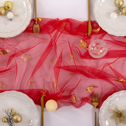 Socomi Christmas Tree Table Runner Gold Gauze Sheer Chiffon Cheesecloth Sequin 10FT Glitter Metallic Foil Dining Wedding Birthday Party Winter Holiday Centerpiece Table Decor Red