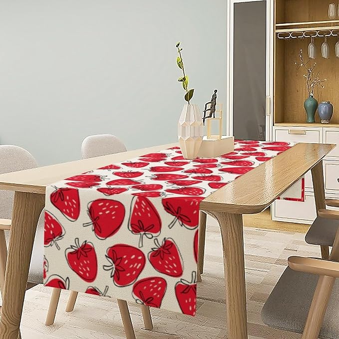 Strawberry Table Runner, Spring Summer Fruit Birthday Party Decorations Dining Room Home Kitchen Table Decor 13 x 36Inches