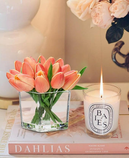 DILATATA Artificial Peach Tulips in Vase with Faux Water 5.5" Real Touch Flowers Fake Tulips Small Flowers Arrangement in Cube Glass Vase for Mother's Day Table Centerpiece Wedding Home Decor