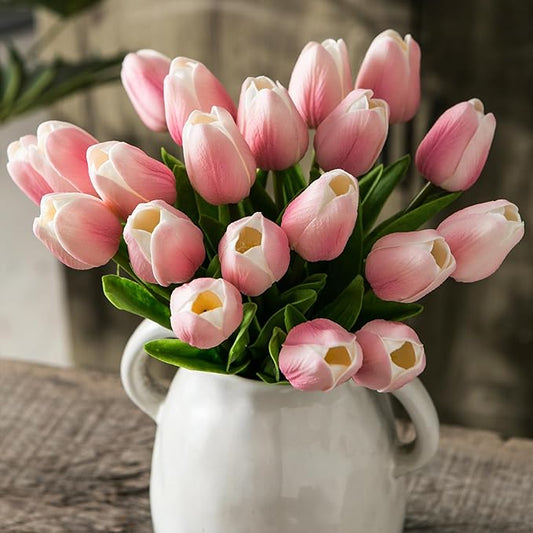 20pcs Pink and White Artificial Tulip Flowers, Silk Fake Flowers 13" for Mother's Day, Easter, Valentine’s Day Gifts in Bulk, Home, Kitchen, Wedding Decorations