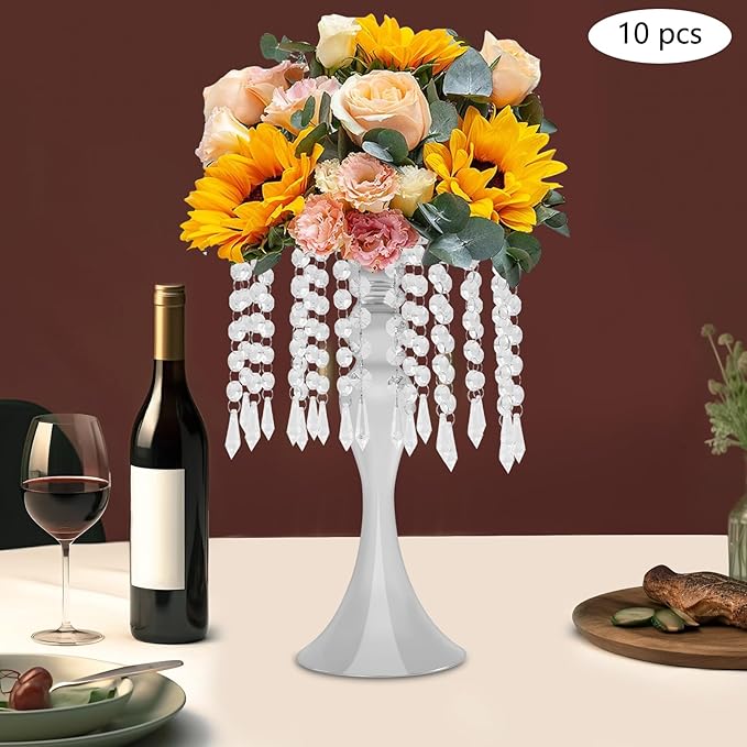 Flower Stand Vase, 10 Pcs Glam Crystal Wedding Reception Decorations with Sparkling Beads Table Center Display Flower Arrangement Flower Stand Metal Vase for Event Party Decor (Silver, H:13.78in)