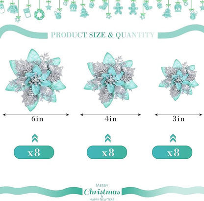 24 Christmas Glitter Artificial Poinsettia Flowers Xmas Poinsettia Artificial Wedding Flowers Decorations Xmas Tree Ornaments with Clips for Party Favors, 6 Inch, 4 Inch, 3 Inch (Silver and Green)