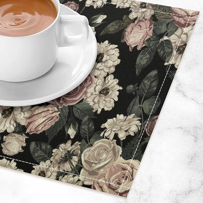 Floral Placemats Set of 6, 17x12 Inch Vintage White Pink Rose Flower Spring Plant Boho Art Print Table Mats for Home Party Kitchen Dining Decor