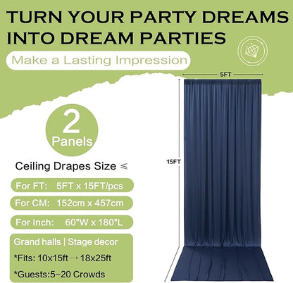 PartyVillage 10ft×15ft Navy Blue Backdrop Curtain for Wedding Parties, 2 Panels Wrinkle Free 15 FT Long Polyester Photo Backdrop Drapes Back Drop Cloth for Birthday Photography Background