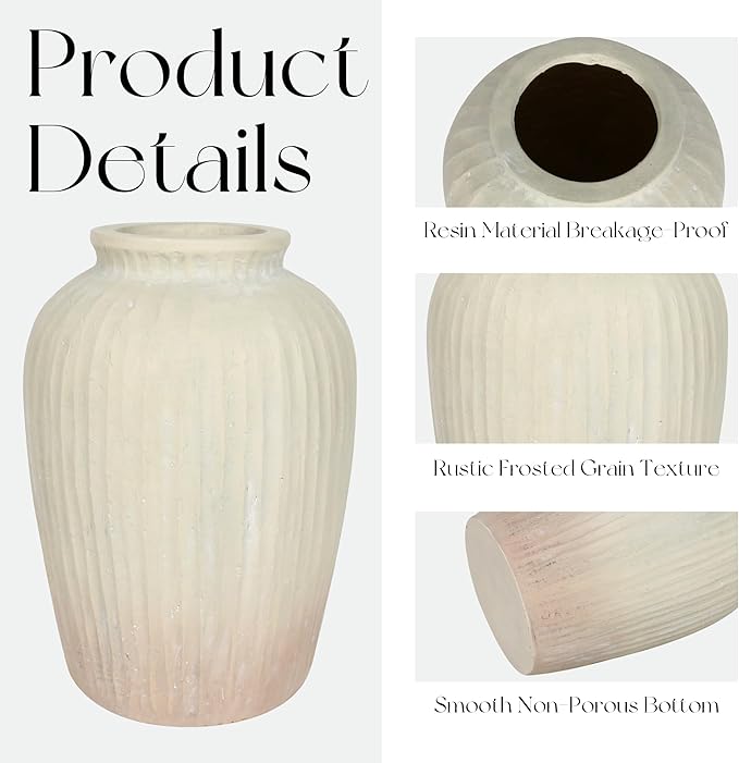 Oakrain 15" Tall Rustic Vase, Decorative Flower Vase for Table with Gradient Design, Large Floor Planter for Indoor Plants, Home Decor, Living Room, Entryway, Beige