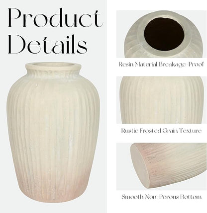 Oakrain 15" Tall Rustic Vase, Decorative Flower Vase for Table with Gradient Design, Large Floor Planter for Indoor Plants, Home Decor, Living Room, Entryway, Beige