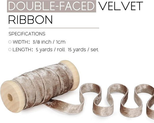 Velvet Champagne Ribbon Double-Sided Handmade Glossy Fabric Trim Wooden Spool Thin Ribbons for Christmas Tree Gift Wrapping Crafts Wedding Flower Bouquet 3/8 inch x 5YD 3 Rolls