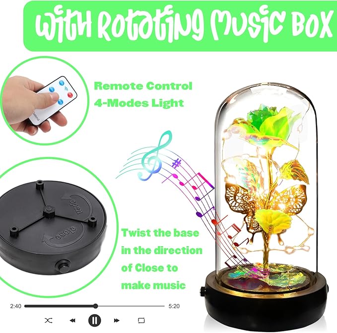 Birthday Rose Flower Gifts for Women, Glass Flower Gift for Mom from Daughter Son, Colorful Green Light Up Rose in Glass Dome with Music Box for Her Wife Grandma
