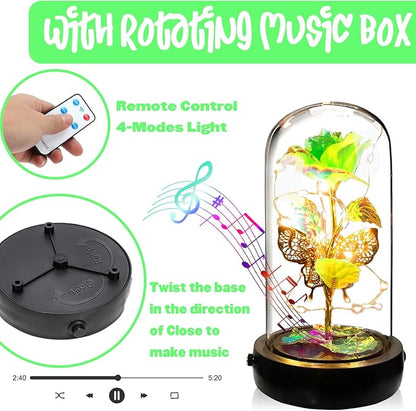 Birthday Rose Flower Gifts for Women, Glass Flower Gift for Mom from Daughter Son, Colorful Green Light Up Rose in Glass Dome with Music Box for Her Wife Grandma