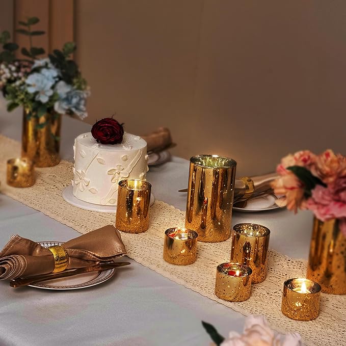 CHILL RECIPE Gold Cylinder Vases Glass Candle Holders Bulk, Mercury Hurricane Candle Holder Small Flower Vases for Centerpieces Tea Light Pillar Votive Candles Wedding Decor Party (8 Set 24Pcs)