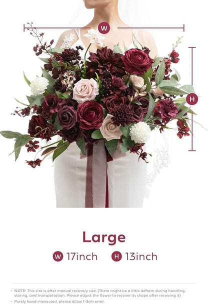 Ling's moment Red Wedding Bouquets for Bride, Burgundy and Blush Bridal Bouquets for Bride,17 Inch Free Form Artificial Wedding Flower Bouquet