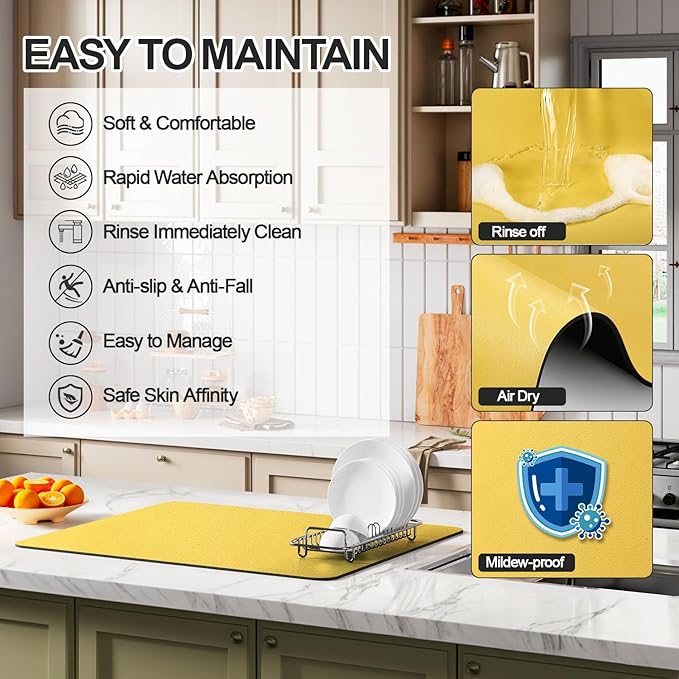 Dish Drying Mat for Kitchen Counter | Coffee Bar Mat for Countertops | Heat Resistant Drainer Mat with Non-slip Rubber Backed | Hide Stain Kitchen Absorbent Draining Mat | Yellow 16"x20"