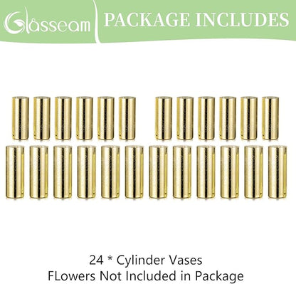 Glasseam Gold Cylinder Vases for Centerpieces: 24 Modern Mercury Hurricane Glass Vase Set for Flowers - Decorative Golden Pillar Candle Holders for Wedding Party Dining Room Table Decor