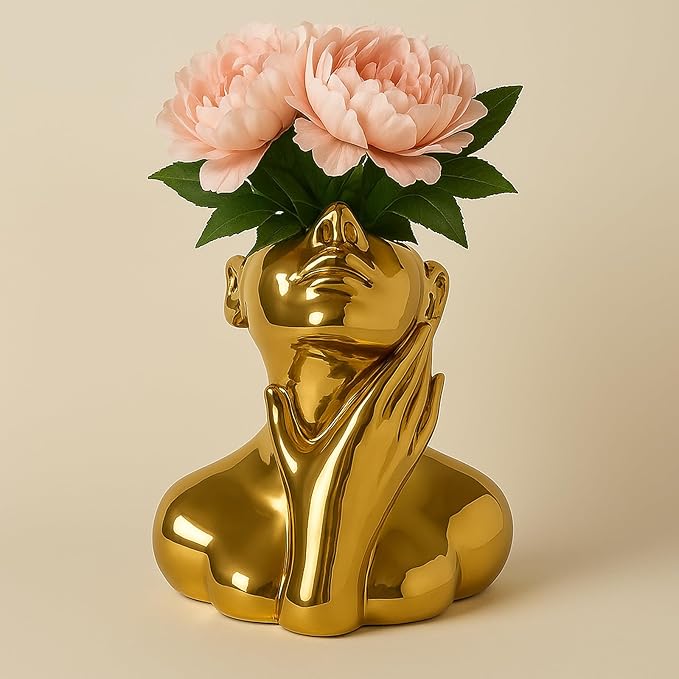 Face Vase Unique Ceramic Vase for Room,Office,Home Decor,Gold,B