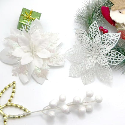 24Pcs Christmas Poinsettia Artificial Flowers and Glitter Berries Kit, 2 Styles Total 16Pcs Christmas Tree Flowers Ornaments, 8Pcs Christmas Tree Picks for Wedding Holiday Decorations, White