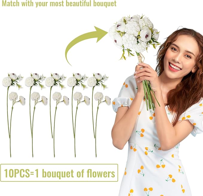 Zerzsy Artificial White Peony Flower Bouquet with Green Leaves Stem, Silk Flowers Bouquet Fake Peonies Flower Arrangements Vase Decorating for Centerpiece Table Wedding Party Home
