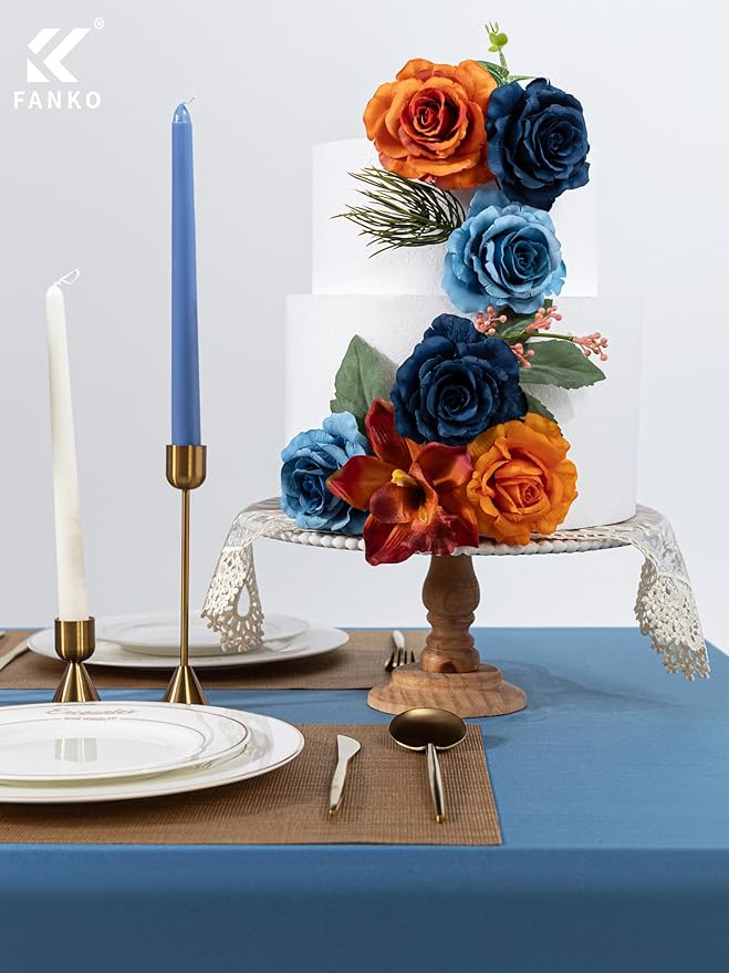 FANKO Artificial Flowers Gradient Orange Rose: Mixed Fake Silk Flowers Combo Dusty & Navy Blue Rose Orchid Vintage Assorted Blooms for DIY Wedding Bridal Bouquets/Centerpieces/Home Decor