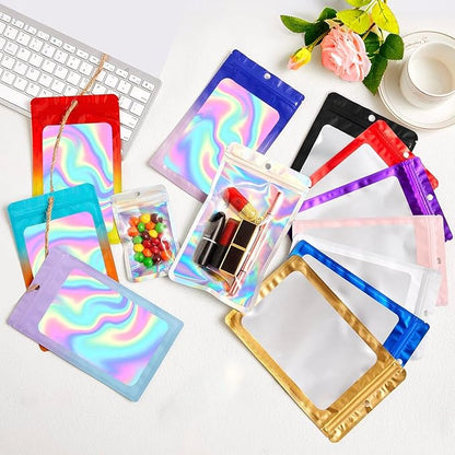 400 Pack 4 Size Bags with Clear Window,Scratch Resistant Hand Holographic Packaging Pouch,Resealable Bag for Small Bussiness Cookies Jewelry Candy Sample (Red Yellow, 2.4×3.9,3x4.7,4×7,5.5×7.9 inch)