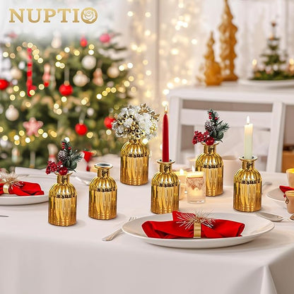NUPTIO Bud Vases Small Gold: 12 Pcs Glass Vase Set in Bulk for Flowers - Mini Vintage Flower Bottle Single Vases for Wedding Table Centerpieces