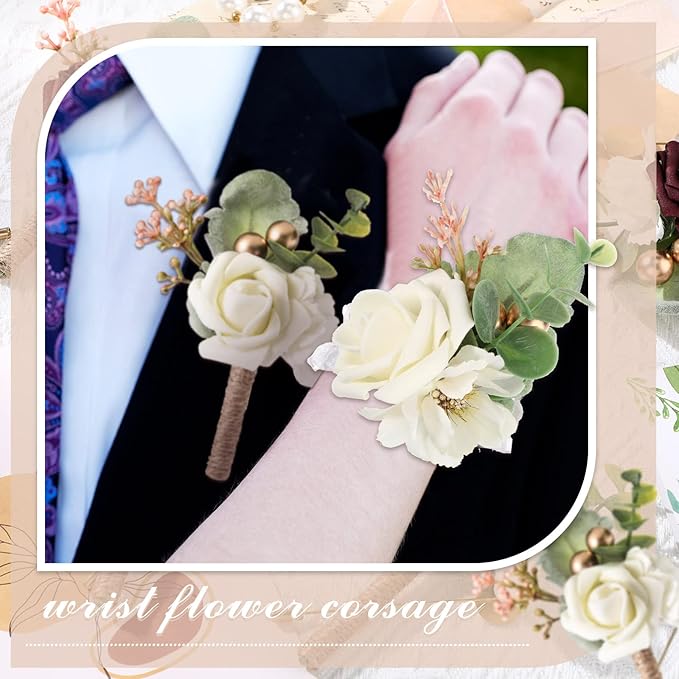 12 Pcs Wedding Wrist Corsage and Boutonniere Set Rose Wrist Corsage for Prom Boutonniere for Men Wedding Flowers Accessories Prom Suit Decorations for Wedding Ceremony Anniversary (Creamy White)