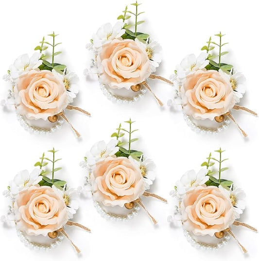 Serwalin 6 PCS Champagne Rose Wrist Corsages Wristlet for Wedding, Corsages for Prom Party Homecoming Corsage Hand Decor for Bride Bridesmaids, Mother of Bride and Groom