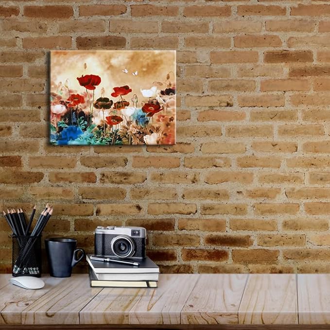 Wieco Art Blooming Poppies Canvas Prints Wall Art Colorful Flowers Pictures Paintings for Living Room Bedroom Bathroom Home Decorations Modern Stretched and Framed Pretty Floral Giclee Artwork