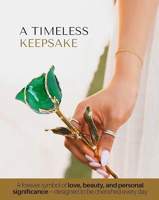 Forever Rose Hand-Dipped in 24K Gold, Emerald-Inspired May Birthstone with Sparkles, Real Rose in Luxury Gold Gift Box – Perfect Ready to Gift for May Birthday or Any Occasion