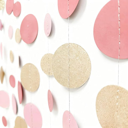Champagne Gold Rose Pink Polka Dot Garland Champagne Dusty Pink Circle Dot Hanging Streamer Banner for Birthday Baby Shower Bridal Shower Wedding Engagement Retirement Boho Party Decorations Supplies