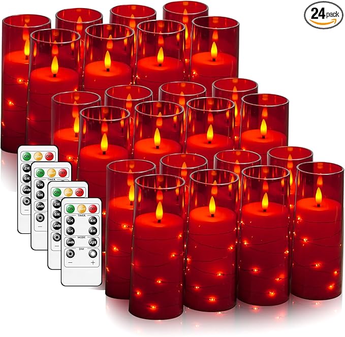 Flameless LED Candles with Timer 24 Pc Flickering Flameless Candles for Romantic Ambiance and Home Decoration Stable Acrylic Shell,with Embedded Star String，Battery Operated Candles（Red）