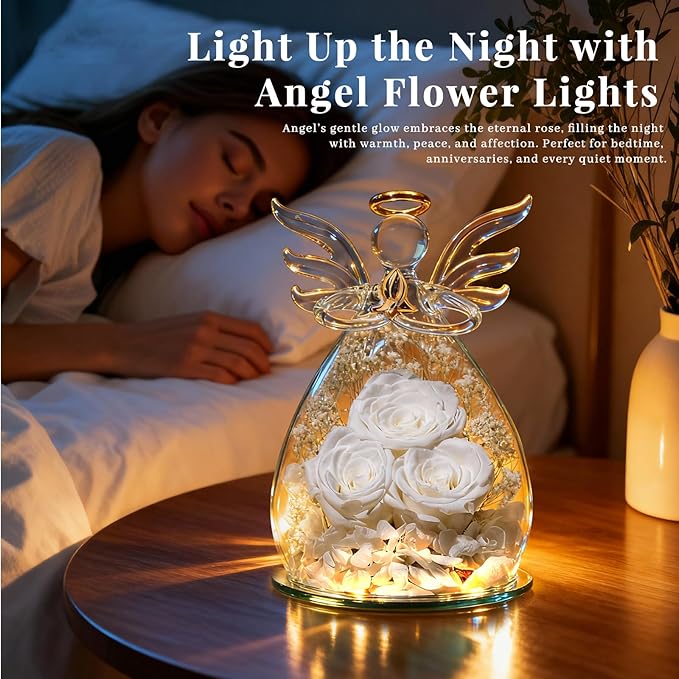 Beferr Christmas Birthday Gifts for Women, Mom Gifts for Christmas Fresh Flowers for Delivery Prime Forever Preserved Rose in Glass Angel Figurine Xmas Gifts for Grandma Wife Sister Her, White