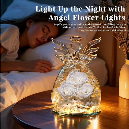 Beferr Christmas Birthday Gifts for Women, Mom Gifts for Christmas Fresh Flowers for Delivery Prime Forever Preserved Rose in Glass Angel Figurine Xmas Gifts for Grandma Wife Sister Her, White