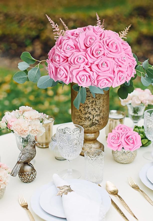 IPOPU 100pcs Pink Foam Rose Artificial Flower Bulk with Crystal 3in Real Looking Stemless Fake Roses for DIY Craft Wedding Bouquets Wall Decoration Bridal Shower Arrangement Home Decorations(Pink)