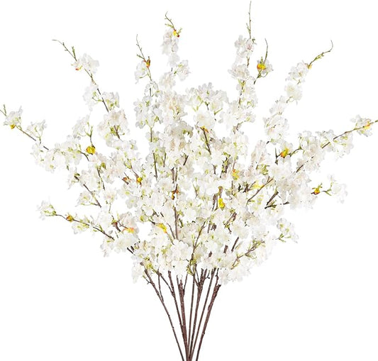 8 Pcs Artificial Cherry Blossom Flowers 40" Faux Silk Cherry Blossom Stems Fake Real Touch Peach Branches for Wedding Home Garden Japanese Decor White