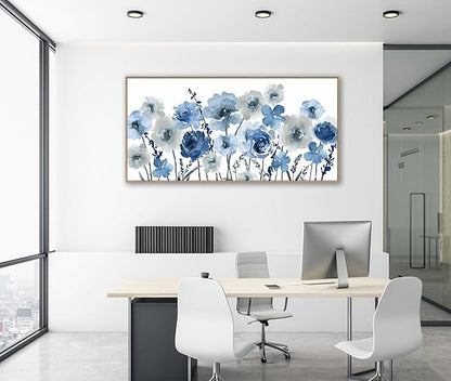 Framed Flowers Canvas Wall Art - Indigo Floral Canvas Pictures Living Room Wall Decor Botanical Canvas Prints Painting Abstract Artwork Bedroom Office Home Decor 24"x 48"