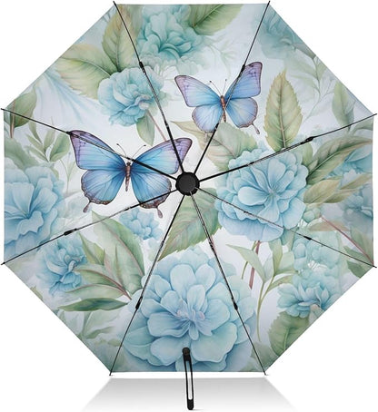 Automatic Folding Umbrella Windproof Strong, UV Protection Compact Floral Hydrangea Hummingbird Sun Rain Sun Rain Travel Umbrellas for Women Men