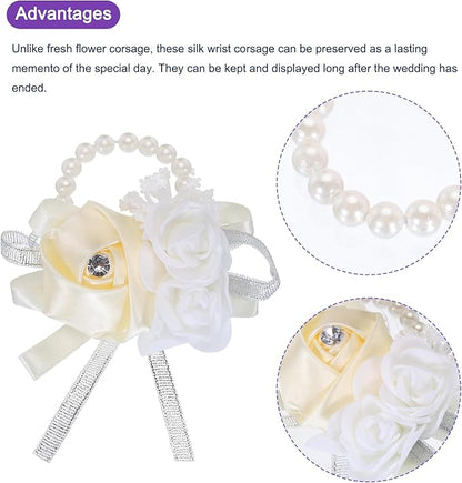 MECCANIXITY 12Pcs Wrist Corsage Artificial Flower Bracelets Rose Wrist Bride Groom Decorative for Wedding Ceremony Prom Party Anniversary Cream