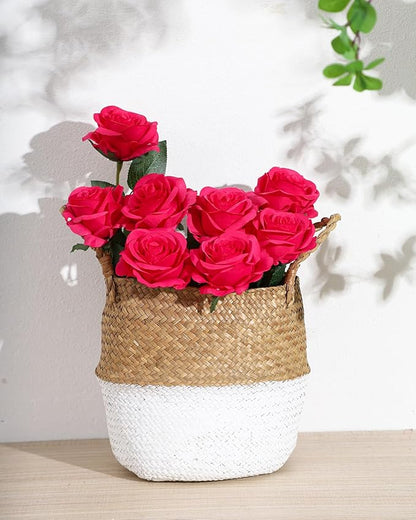 LFF 10pcs Silk Roses Artificial Flowers Fake Long Stem Roses for DIY Wedding Bouquet Home Decoration (Hotpink)